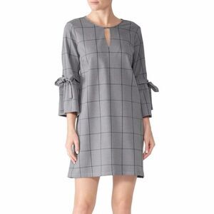 Waverly Grey Windowpane Plaid Tie Sleeve Plaid Shift dress gray  - Size XS